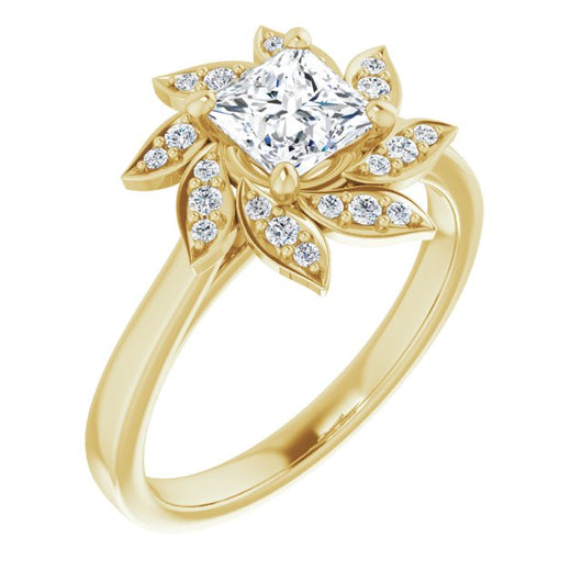 10K Yellow Gold Customizable Princess/Square Cut Design with Artisan Floral Halo