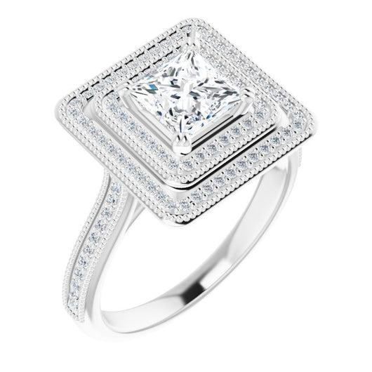 10K White Gold Customizable Princess/Square Cut Design with Elegant Double Halo, Houndstooth Milgrain and Band-Channel Accents