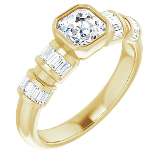 10K Yellow Gold Customizable Bezel-set Asscher Cut Design with Quad Horizontal Band Sleeves of Baguette Accents