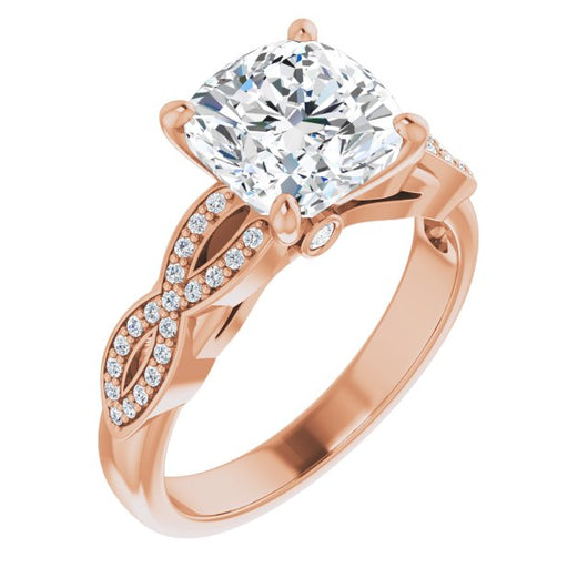 10K Rose Gold Customizable Cushion Cut Design featuring Infinity Pavé Band and Round-Bezel Peekaboos