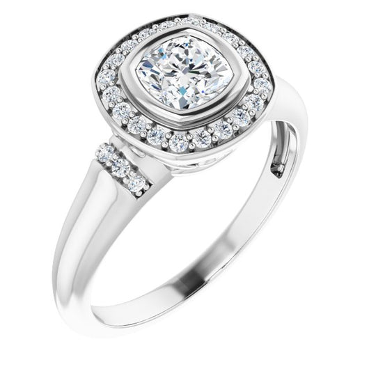 10K White Gold Customizable Bezel-set Cushion Cut Design with Halo and Vertical Round Channel Accents