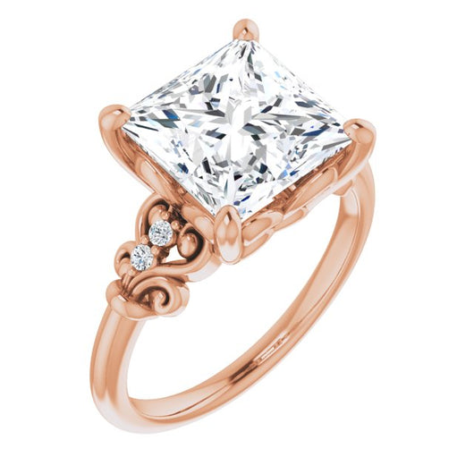 10K Rose Gold Customizable Vintage 5-stone Design with Princess/Square Cut Center and Artistic Band Décor