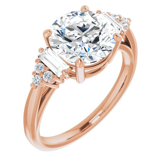 10K Rose Gold Customizable 9-stone Design with Round Cut Center, Side Baguettes and Tri-Cluster Round Accents