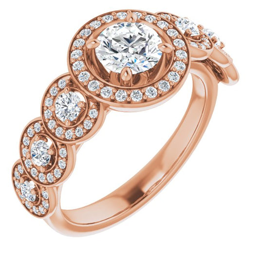 10K Rose Gold Customizable Cathedral-set Round Cut 7-stone style Enhanced with 7 Halos