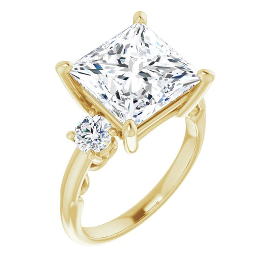 10K Yellow Gold Customizable Princess/Square Cut 3-stone Style featuring Heart-Motif Band Enhancement