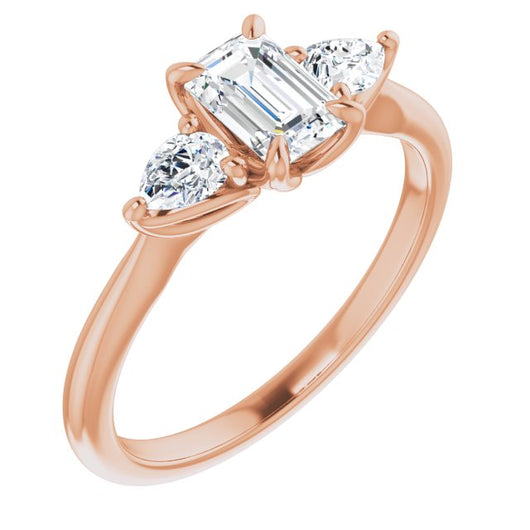 10K Rose Gold Customizable 3-stone Design with Emerald/Radiant Cut Center and Dual Large Pear Side Stones