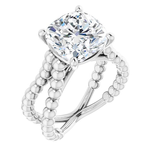 10K White Gold Customizable Cushion Cut Solitaire with Wide Beaded Split-Band