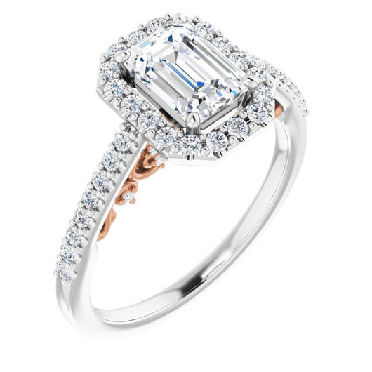 14K White & Rose Gold Customizable Cathedral-Halo Emerald/Radiant Cut Design with Carved Metal Accent plus Pavé Band