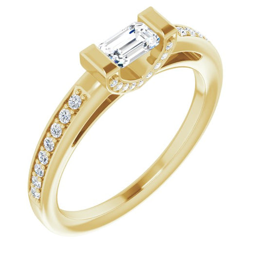 10K Yellow Gold Customizable Cathedral-Bar Emerald/Radiant Cut Design featuring Shared Prong Band and Prong Accents