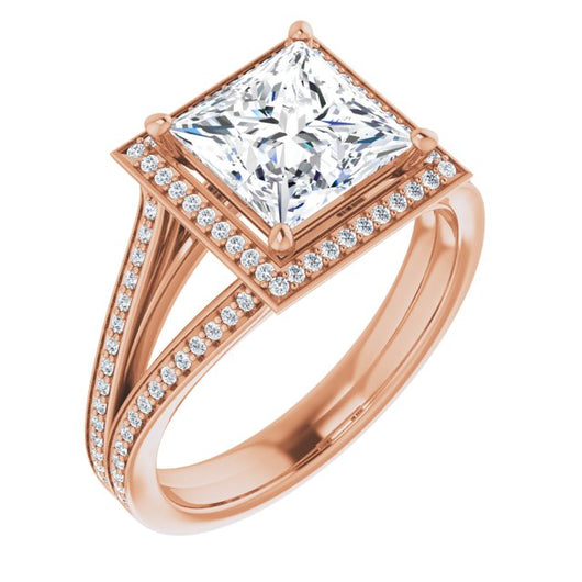 10K Rose Gold Customizable Princess/Square Cut Design with Split-Band Shared Prong & Halo