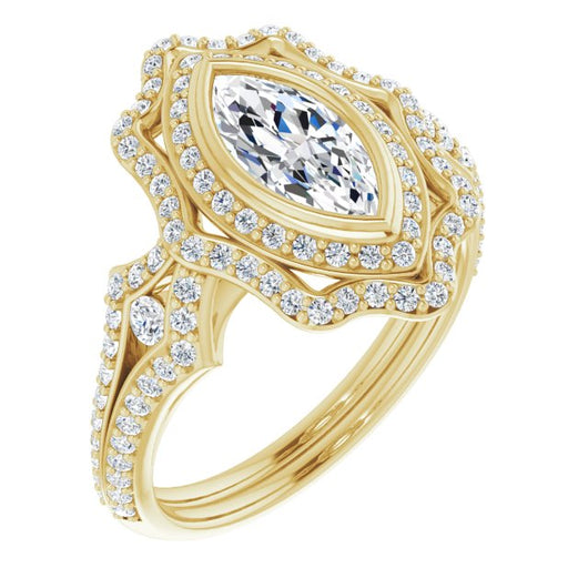 10K Yellow Gold Customizable Marquise Cut Style with Ultra-wide Pavé Split-Band and Nature-Inspired Double Halo