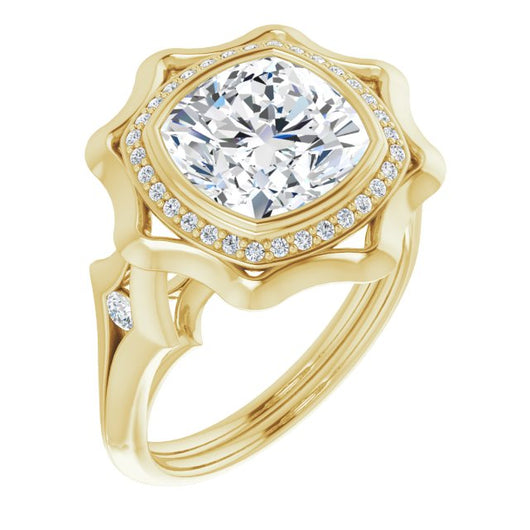 10K Yellow Gold Customizable Bezel-set Cushion Cut with Halo & Oversized Floral Design