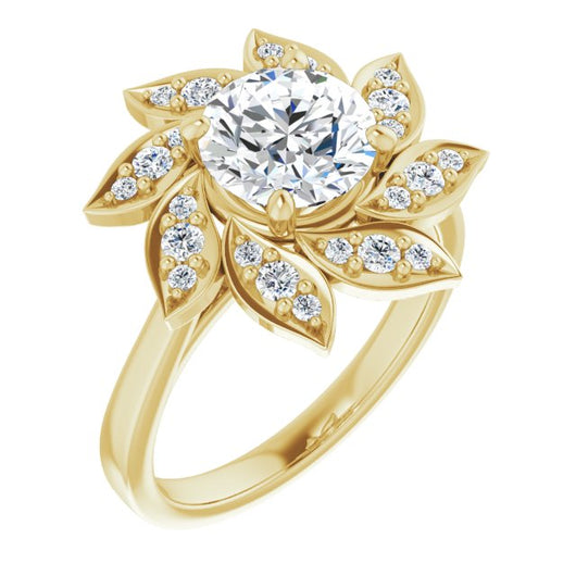 10K Yellow Gold Customizable Round Cut Design with Artisan Floral Halo