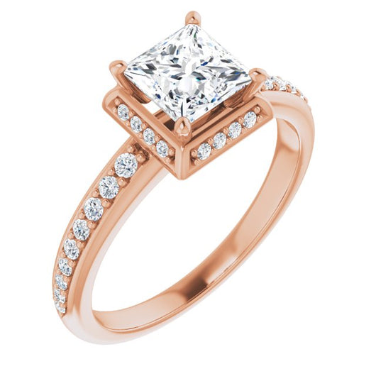 10K Rose Gold Customizable Princess/Square Cut Design with Geometric Under-Halo and Shared Prong Band