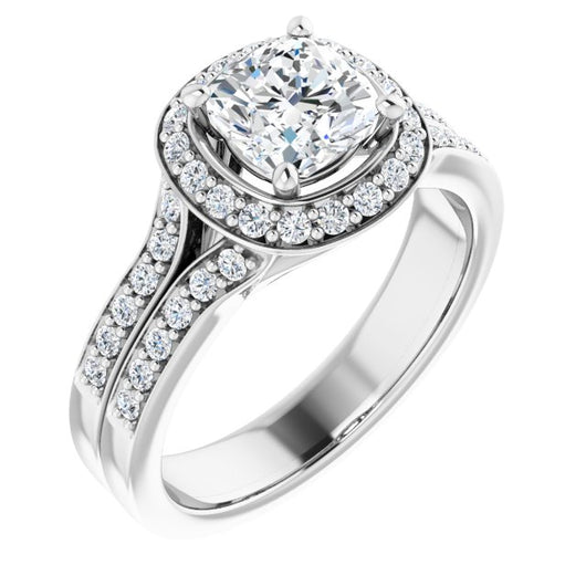 10K White Gold Customizable Cushion Cut Halo Style with Accented Split-Band