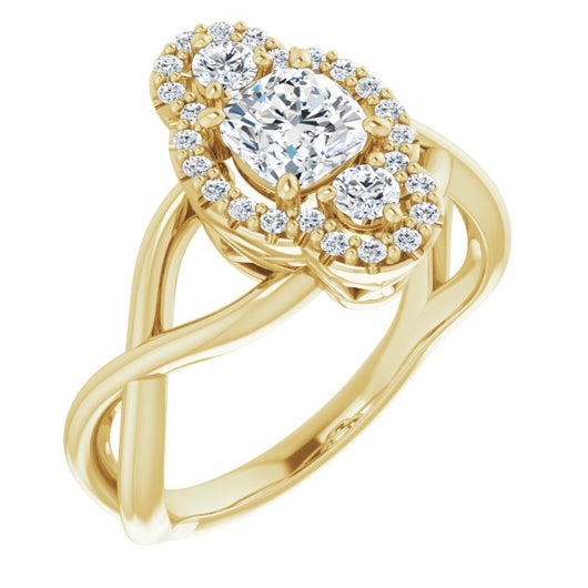 10K Yellow Gold Customizable Vertical 3-stone Cushion Cut Design Enhanced with Multi-Halo Accents and Twisted Band