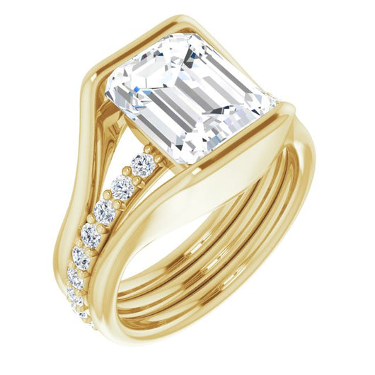 10K Yellow Gold Customizable Bezel-set Emerald/Radiant Cut Style with Thick Pavé Band