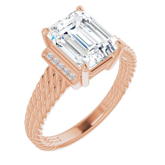 10K Rose Gold Customizable 11-stone Design featuring Emerald/Radiant Cut Center, Vertical Round-Channel Accents & Wide Triple-Rope Band