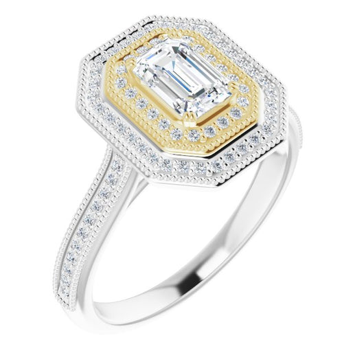 14K White & Yellow Gold Customizable Emerald/Radiant Cut Design with Elegant Double Halo, Houndstooth Milgrain and Band-Channel Accents