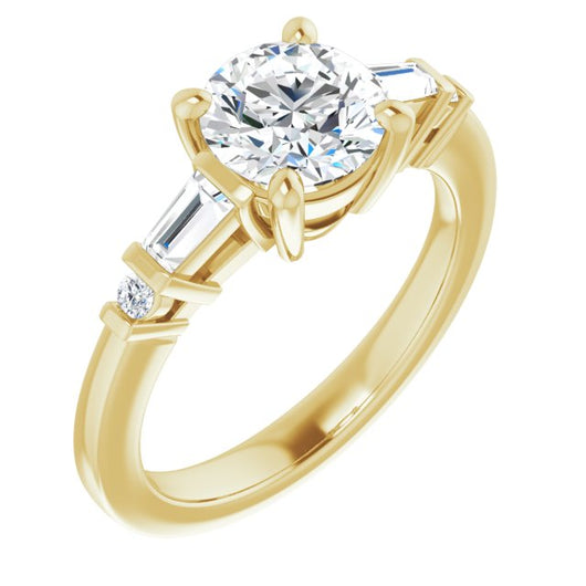 10K Yellow Gold Customizable 5-stone Baguette+Round-Accented Round Cut Design)