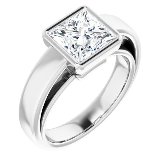 10K White Gold Customizable Cathedral-Bezel Princess/Square Cut Solitaire with Wide Band