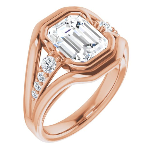 10K Rose Gold Customizable 9-stone Emerald/Radiant Cut Design with Bezel Center, Wide Band and Round Prong Side Stones