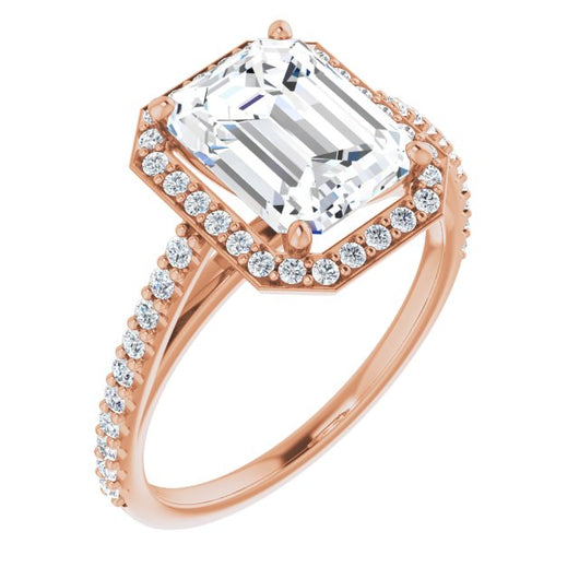 10K Rose Gold Customizable Emerald/Radiant Cut Design with Halo and Thin Pavé Band