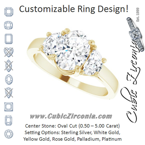 Cubic Zirconia Engagement Ring- The Bree (Customizable 3-stone Design with Oval Cut Center and Half-moon Side Stones)