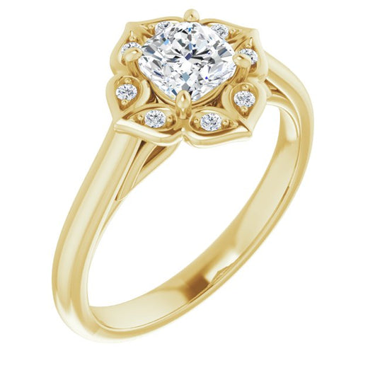 10K Yellow Gold Customizable Cathedral-raised Cushion Cut Design with Star Halo & Round-Bezel Peekaboo Accents