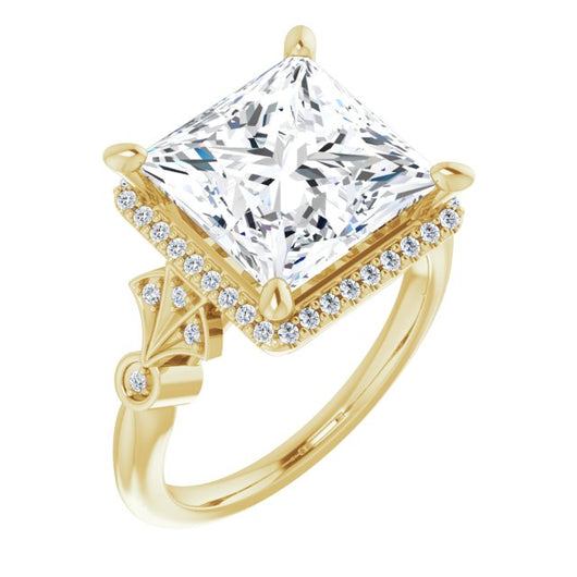 10K Yellow Gold Customizable Cathedral-Crown Princess/Square Cut Design with Halo and Scalloped Side Stones