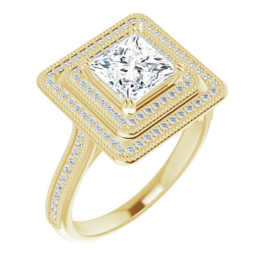 10K Yellow Gold Customizable Princess/Square Cut Design with Elegant Double Halo, Houndstooth Milgrain and Band-Channel Accents