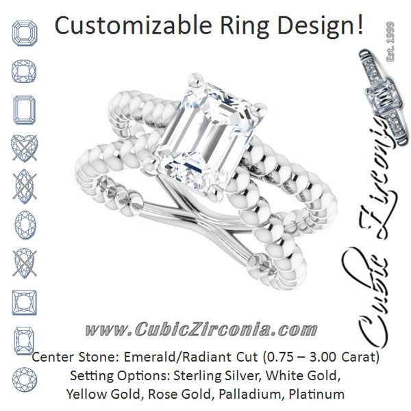 Cubic Zirconia Engagement Ring- The Isabella Noa (Customizable Emerald Cut Solitaire with Wide Beaded Split-Band)