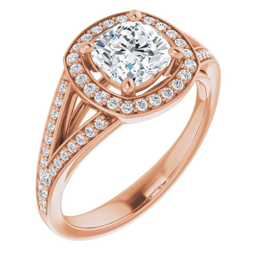 10K Rose Gold Customizable Cathedral-Halo Cushion Cut Style featuring Split-Shared Prong Band