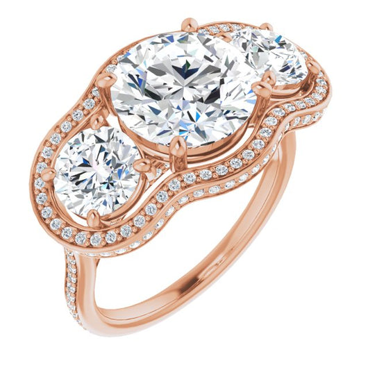 10K Rose Gold Customizable 3-stone Round Cut Design with Multi-Halo Enhancement and 150+-stone Pavé Band