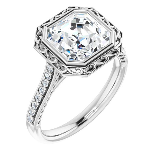 10K White Gold Customizable Cathedral-Bezel Asscher Cut Design featuring Accented Band with Filigree Inlay