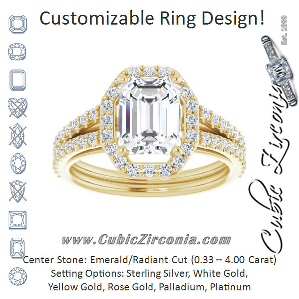 Cubic Zirconia Engagement Ring- The Danieela (Customizable Cathedral Emerald Cut Design with Geometric Halo & Split Pavé Band)