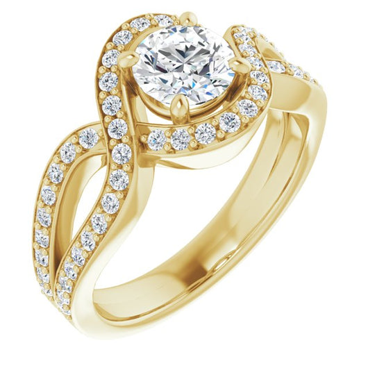 10K Yellow Gold Customizable Round Cut Center with Infinity-inspired Split Shared Prong Band and Bypass Halo