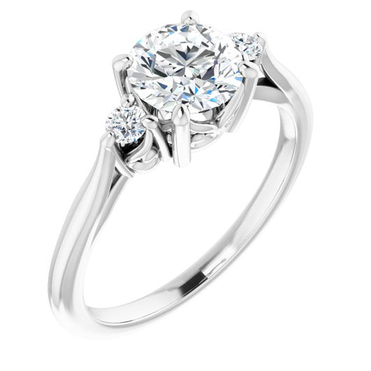 10K White Gold Customizable Three-stone Round Cut Design with Small Round Accents and Vintage Trellis/Basket