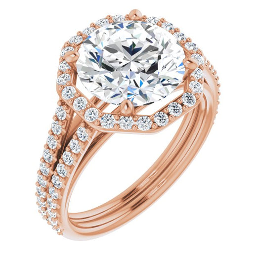 10K Rose Gold Customizable Cathedral Round Cut Design with Geometric Halo & Split Pavé Band