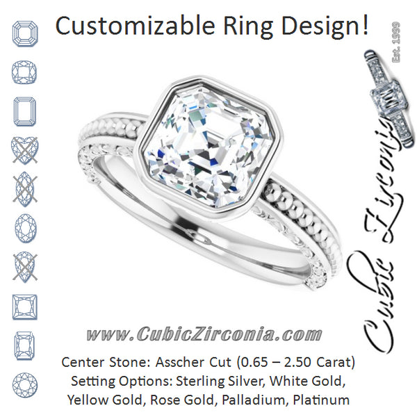 Cubic Zirconia Engagement Ring- The Cheyenne (Customizable Bezel-set Asscher Cut Solitaire with Beaded and Carved Three-sided Band)