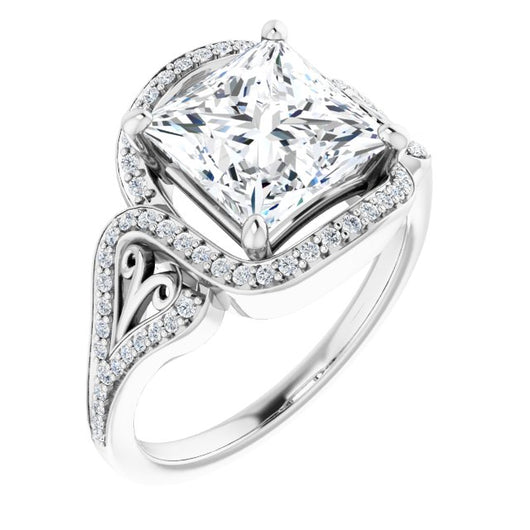 10K White Gold Customizable Princess/Square Cut Design with Bypass Halo and Split-Shared Prong Band