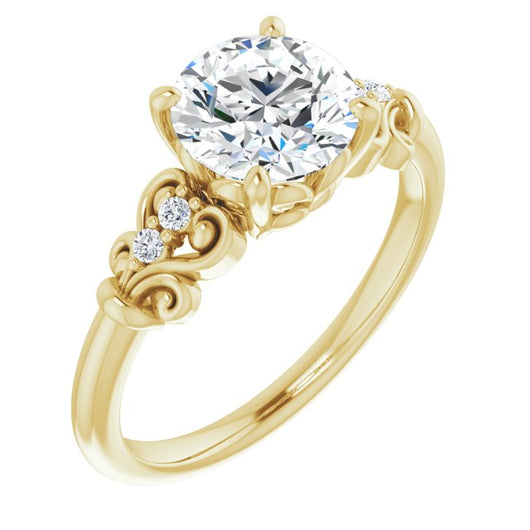 10K Yellow Gold Customizable Vintage 5-stone Design with Round Cut Center and Artistic Band Décor