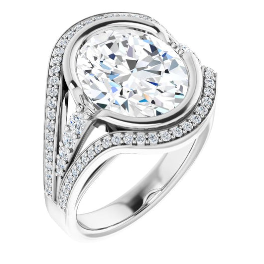 10K White Gold Customizable Cathedral-Bezel Oval Cut Design with Wide Triple-Split-Pavé Band