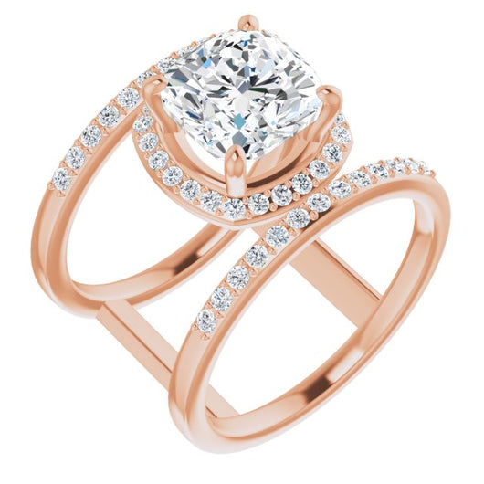 10K Rose Gold Customizable Cushion Cut Halo Design with Open, Ultrawide Harness Double Pavé Band