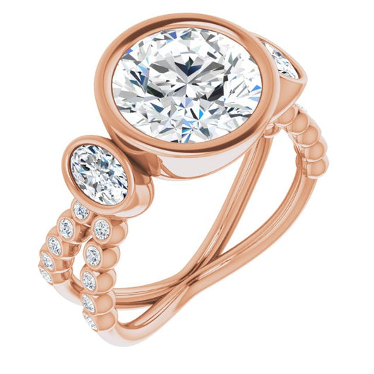 10K Rose Gold Customizable Bezel-set Round Cut Design with Dual Bezel-Oval Accents and Round-Bezel Accented Split Band