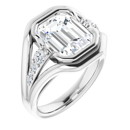 10K White Gold Customizable 9-stone Emerald/Radiant Cut Design with Bezel Center, Wide Band and Round Prong Side Stones