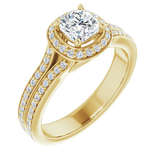 10K Yellow Gold Customizable Cathedral-raised Cushion Cut Setting with Halo and Shared Prong Band