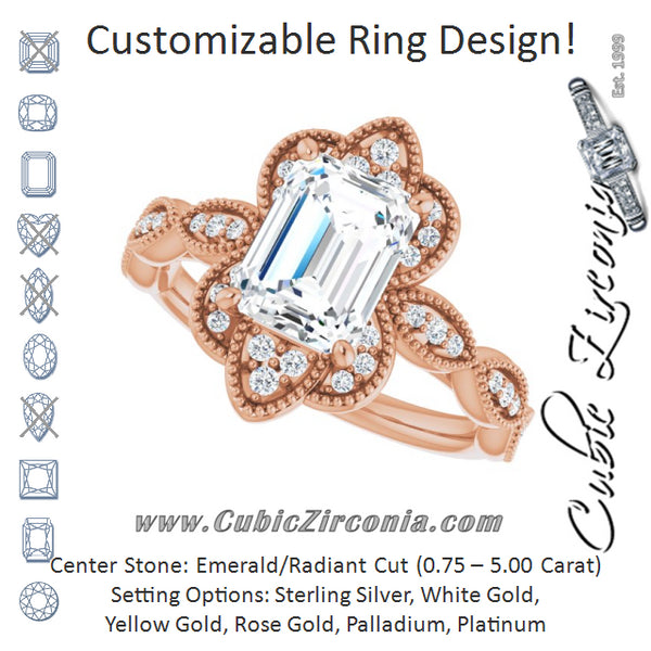 Cubic Zirconia Engagement Ring- The Huá (Customizable Cathedral-style Emerald Cut Design with Floral Segmented Halo & Milgrain+Accents Band)