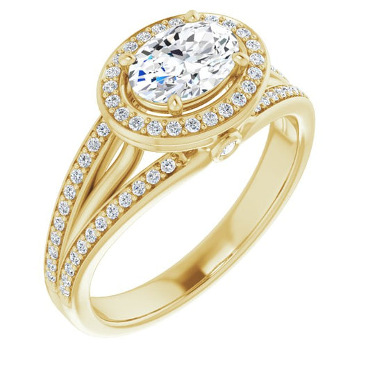 10K Yellow Gold Customizable High-set Oval Cut Design with Halo, Wide Tri-Split Shared Prong Band and Round Bezel Peekaboo Accents