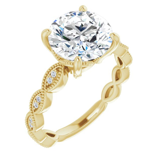 10K Yellow Gold Customizable Round Cut Artisan Design with Scalloped, Round-Accented Band and Milgrain Detail